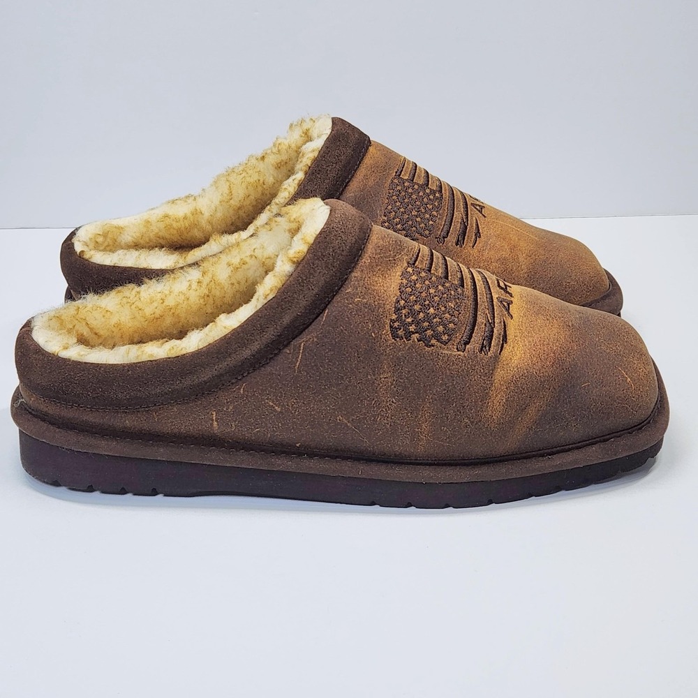Ariat Shoes Mens Size 10 Brown Leather Faux Fur Mule Slippers Flag AR2692-200 - Picture 4 of 15